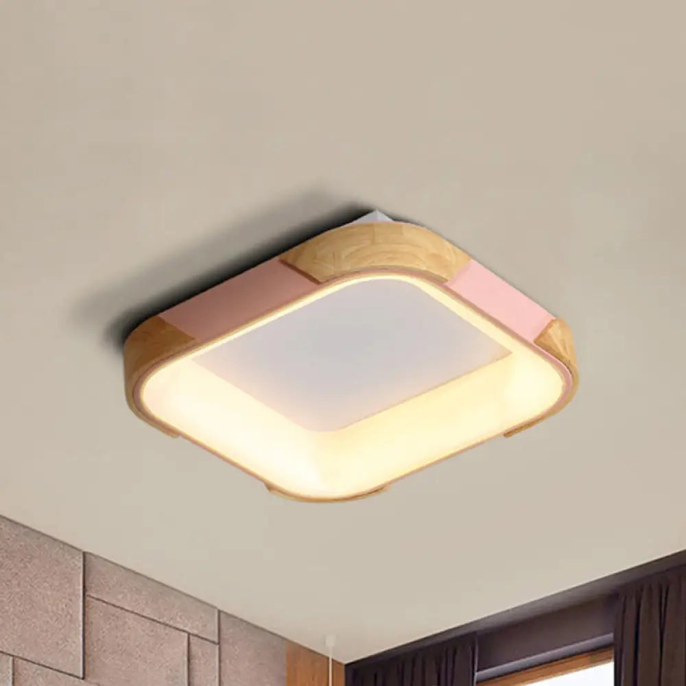 Square Macaron Flush Light Grey/White/Pink Wood Led Ceiling Fixture Warm/White 14’/18’/24’