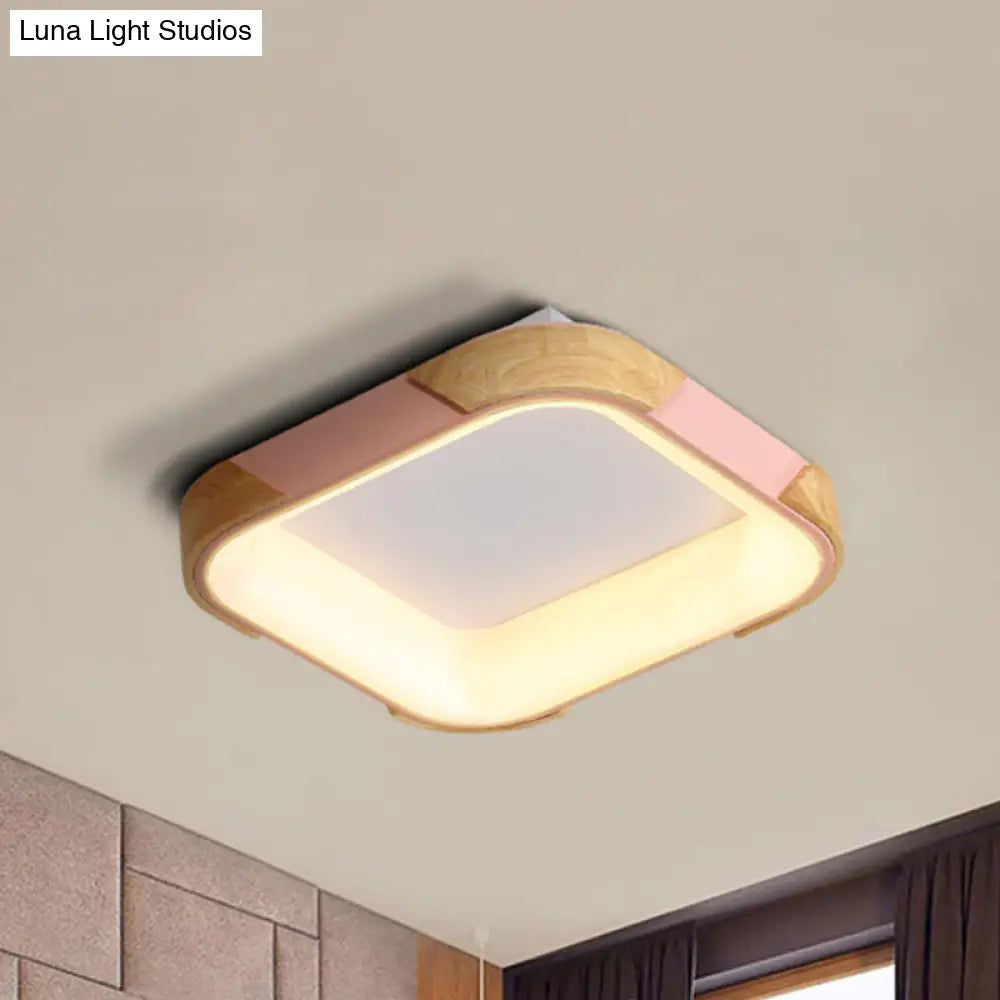 Square Macaron Flush Light Grey/White/Pink Wood Led Ceiling Fixture Warm/White 14/18/24 Wide Pink /