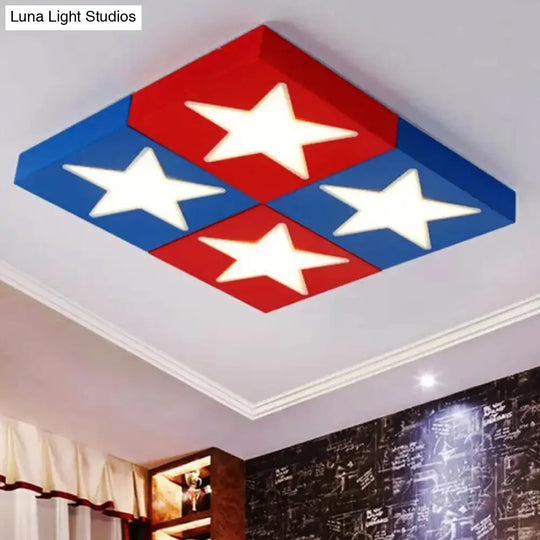 Square Metal Flush Ceiling Light With Star Design - Modern Lighting For Kids Bedroom Blue / White