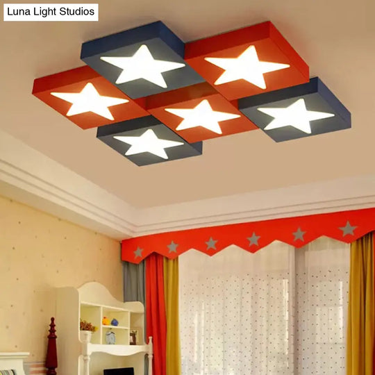 Square Metal Flush Ceiling Light With Star Design - Modern Lighting For Kids Bedroom Red / Warm