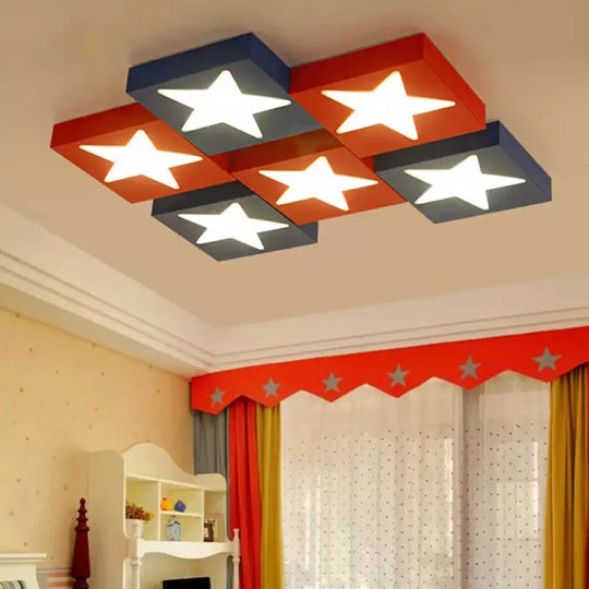 Square Metal Flush Ceiling Light With Star Design - Modern Lighting For Kid’s Bedroom Red / Warm