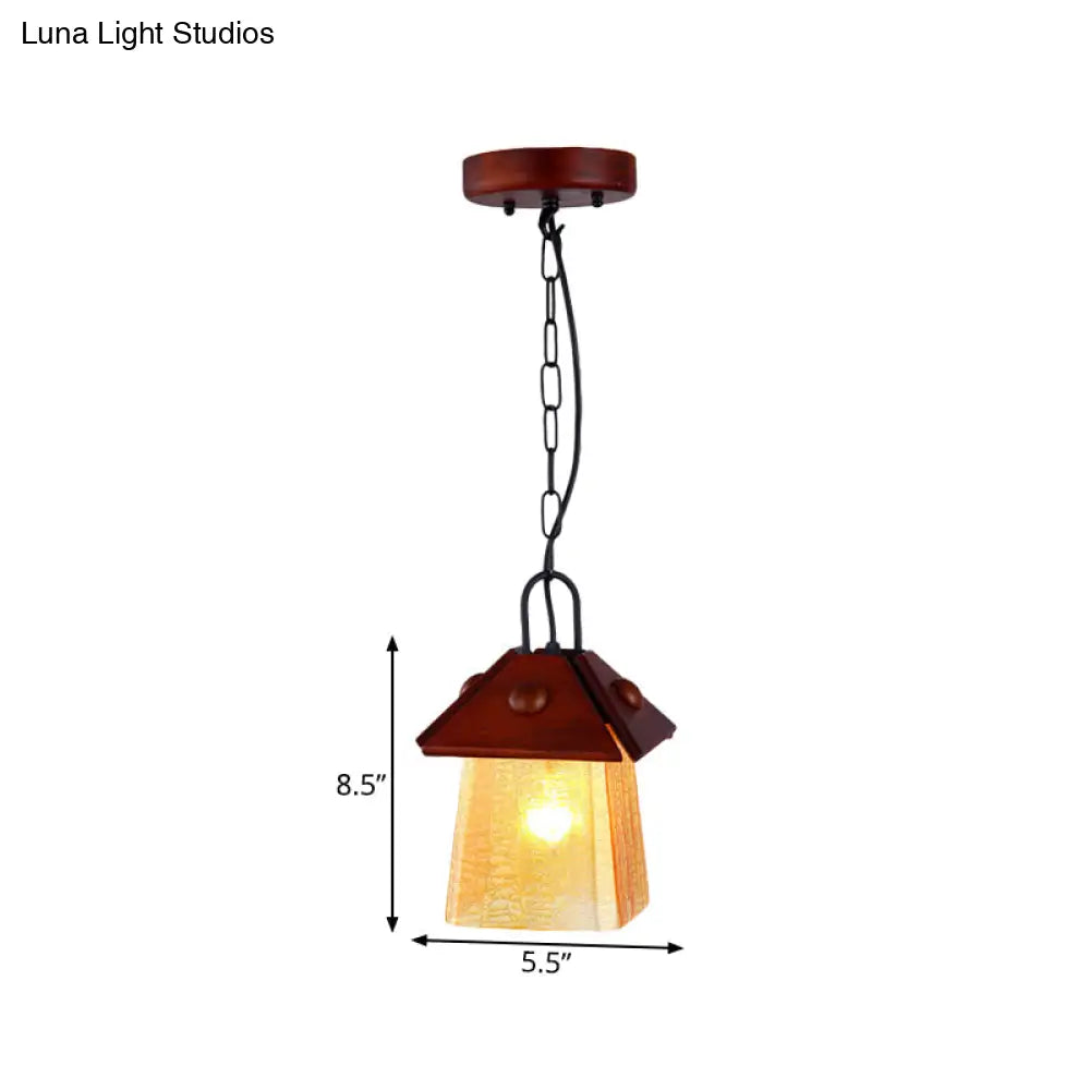 Square Pyramid Hanging Pendant Mission Ceiling Lamp - Textured White Glass With Brown Shade