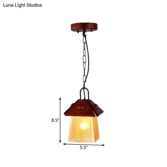 Square Pyramid Hanging Pendant Mission Ceiling Lamp - Textured White Glass With Brown Shade