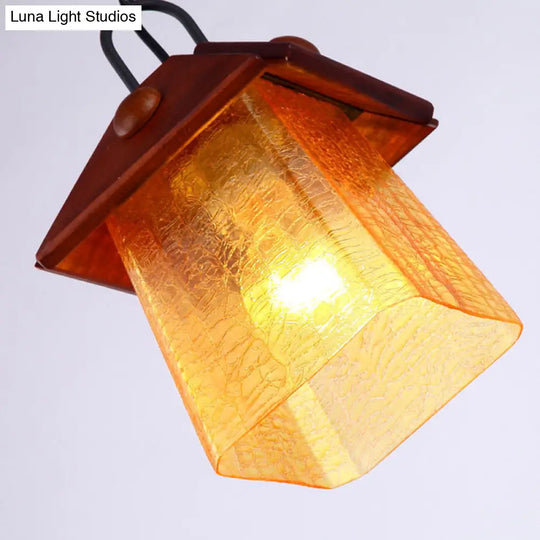 Square Pyramid Hanging Pendant Mission Ceiling Lamp - Textured White Glass With Brown Shade