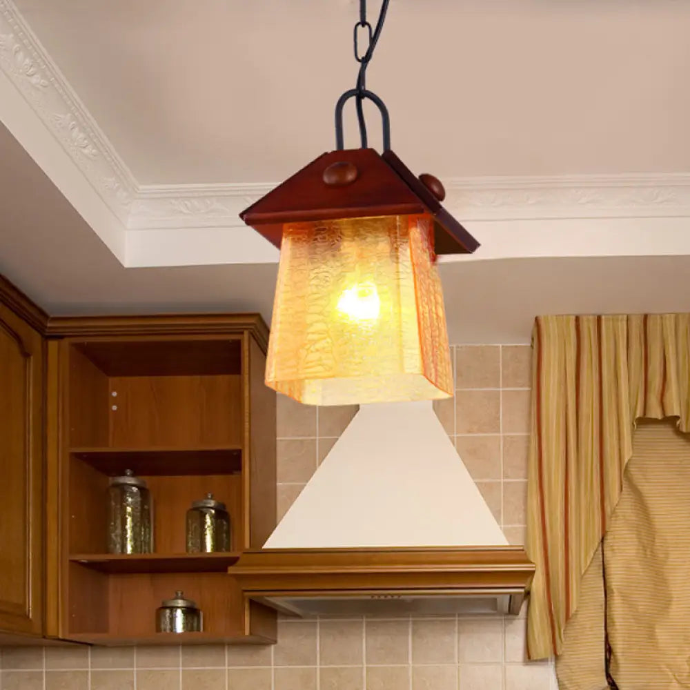 Square Pyramid Hanging Pendant Mission Ceiling Lamp - Textured White Glass With Brown Shade