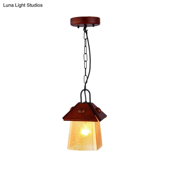 Square Pyramid Hanging Pendant Mission Ceiling Lamp - Textured White Glass With Brown Shade