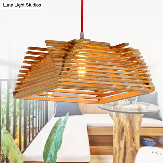 Asian Inspired Wooden Square Pendant Light With Adjustable Cord - 1-Light Beige Hanging Lamp For