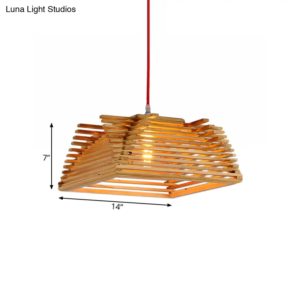 Square Wooden Pendant Light - Asian Style Hanging Lamp With Adjustable Cord For Living Room Décor