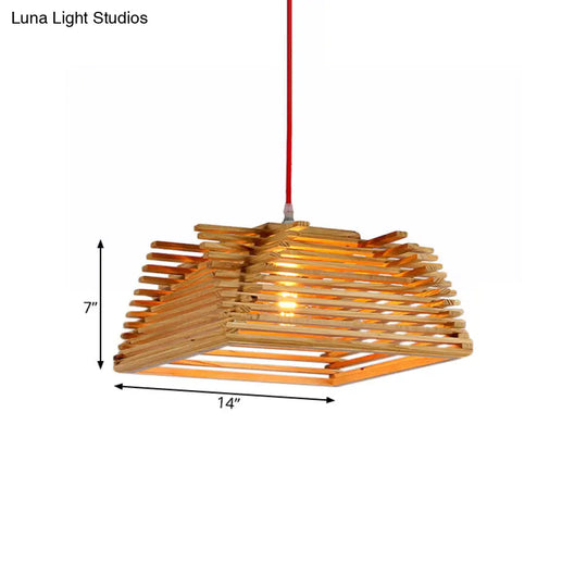 Asian Inspired Wooden Square Pendant Light With Adjustable Cord - 1-Light Beige Hanging Lamp For