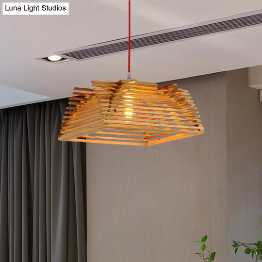 Asian Inspired Wooden Square Pendant Light With Adjustable Cord - 1-Light Beige Hanging Lamp For