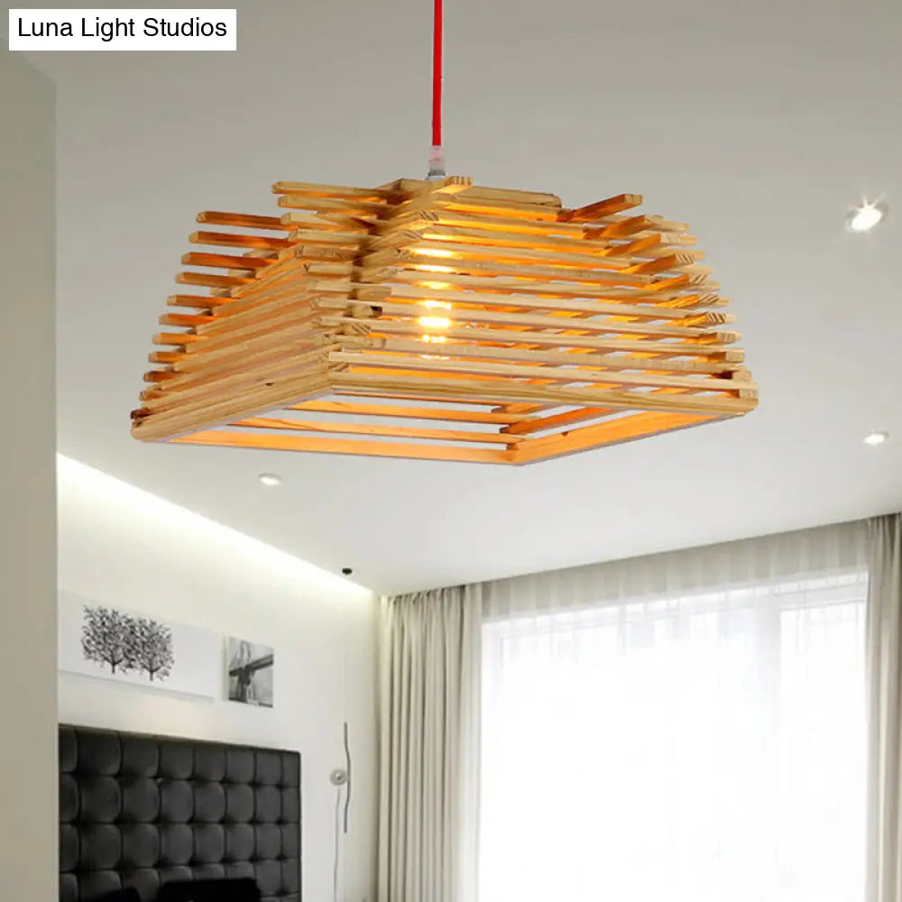 Square Wooden Pendant Light - Asian Style Hanging Lamp With Adjustable Cord For Living Room Décor