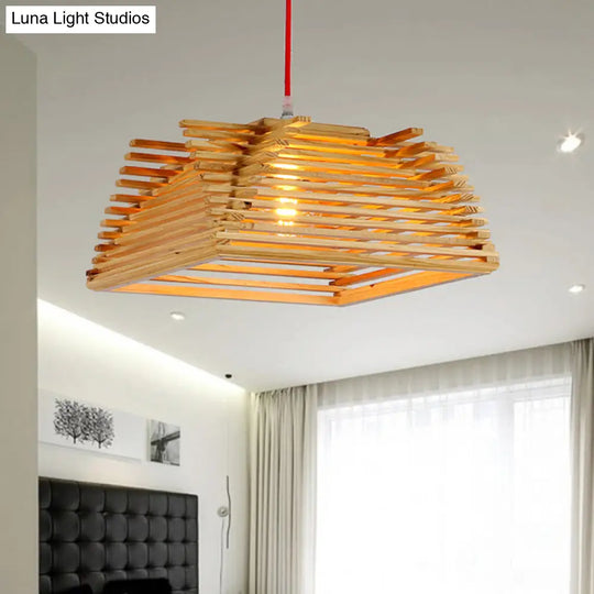 Square Wooden Pendant Light - Asian Style Hanging Lamp With Adjustable Cord For Living Room Décor