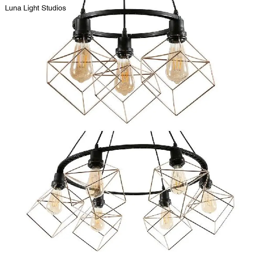 Squared Iron Industrial Restaurant Pendant Light Fixture - 3/6 Lights Golden Suspended Lamp