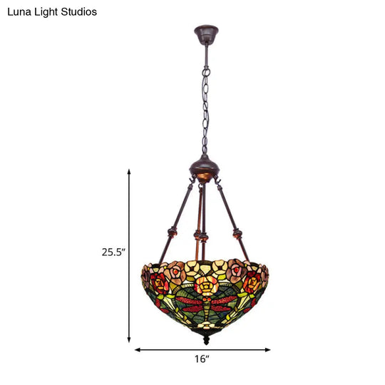 Stained Art Glass Chandelier - Petal Design Red/Orange/Green 2-Light Pendant Fixture Ideal For