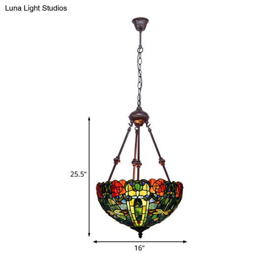 Stained Art Glass Chandelier Light - Petal Design 2 Lights Red/Orange/Green Bedroom Pendant