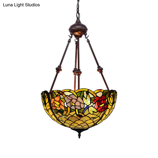 Stained Art Glass Chandelier Light - Petal Design 2 Lights Red/Orange/Green Bedroom Pendant