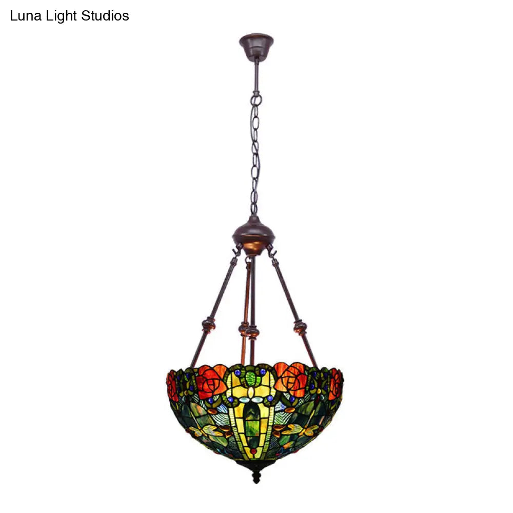 Stained Art Glass Chandelier Light - Petal Design 2 Lights Red/Orange/Green Bedroom Pendant