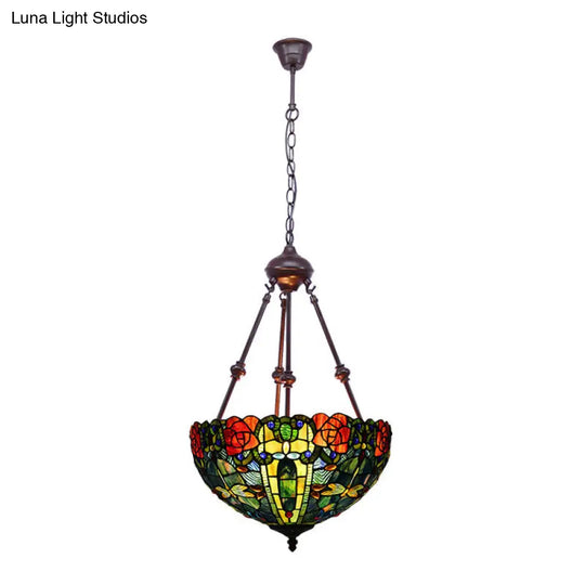 Stained Art Glass Chandelier Light - Petal Design 2 Lights Red/Orange/Green Bedroom Pendant