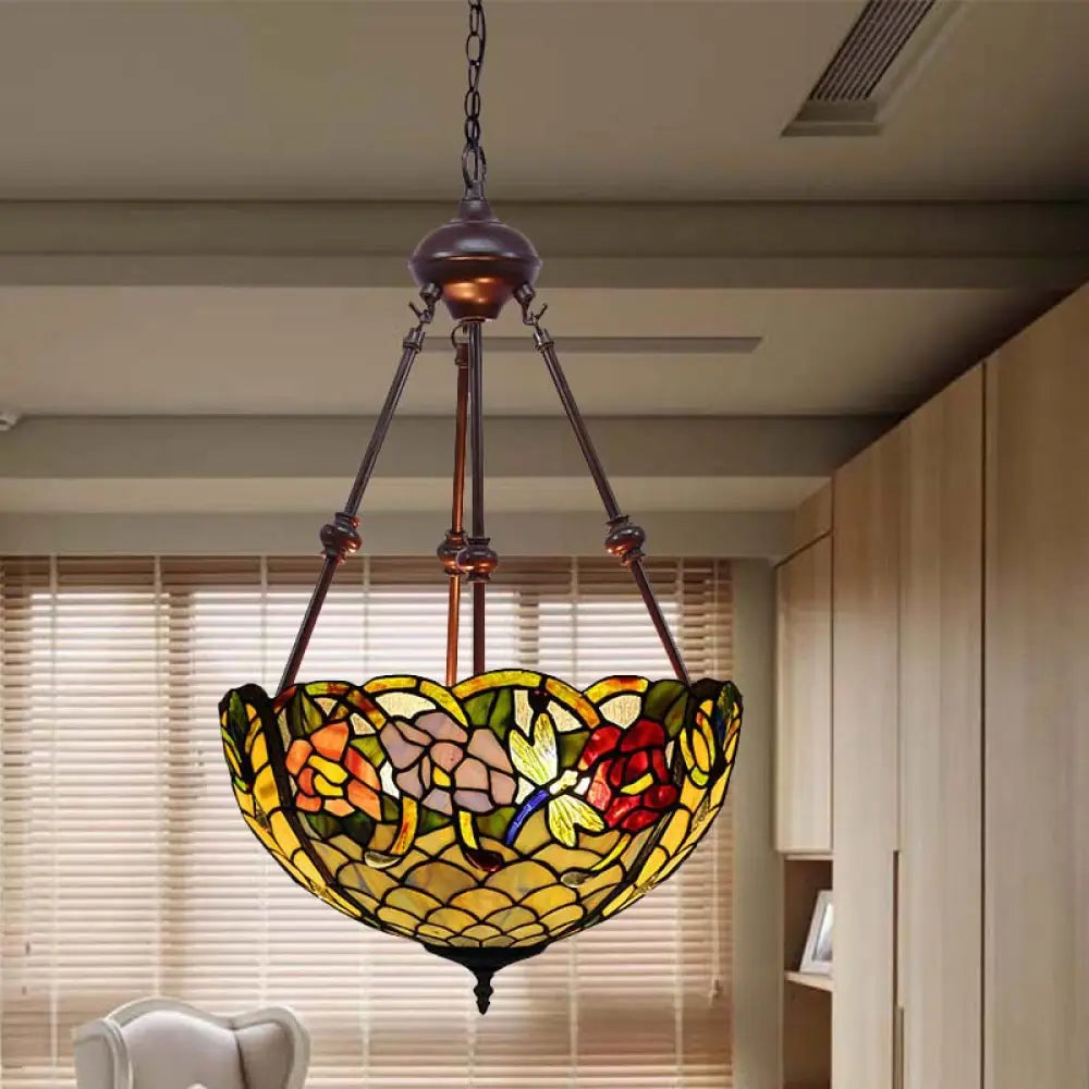 Stained Art Glass Chandelier Light - Petal Design 2 Lights Red/Orange/Green Bedroom Pendant