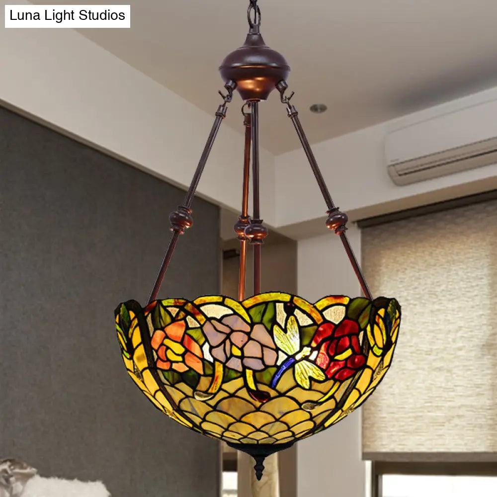 Stained Art Glass Chandelier Light - Petal Design 2 Lights Red/Orange/Green Bedroom Pendant