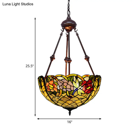 Stained Art Glass Chandelier Light - Petal Design 2 Lights Red/Orange/Green Bedroom Pendant