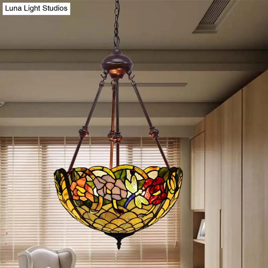 Stained Art Glass Chandelier - Petal Design Red/Orange/Green 2-Light Pendant Fixture Ideal For