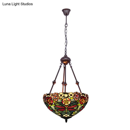 Stained Art Glass Chandelier - Petal Design Red/Orange/Green 2-Light Pendant Fixture Ideal For