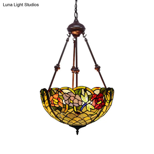 Stained Art Glass Chandelier - Petal Design Red/Orange/Green 2-Light Pendant Fixture Ideal For