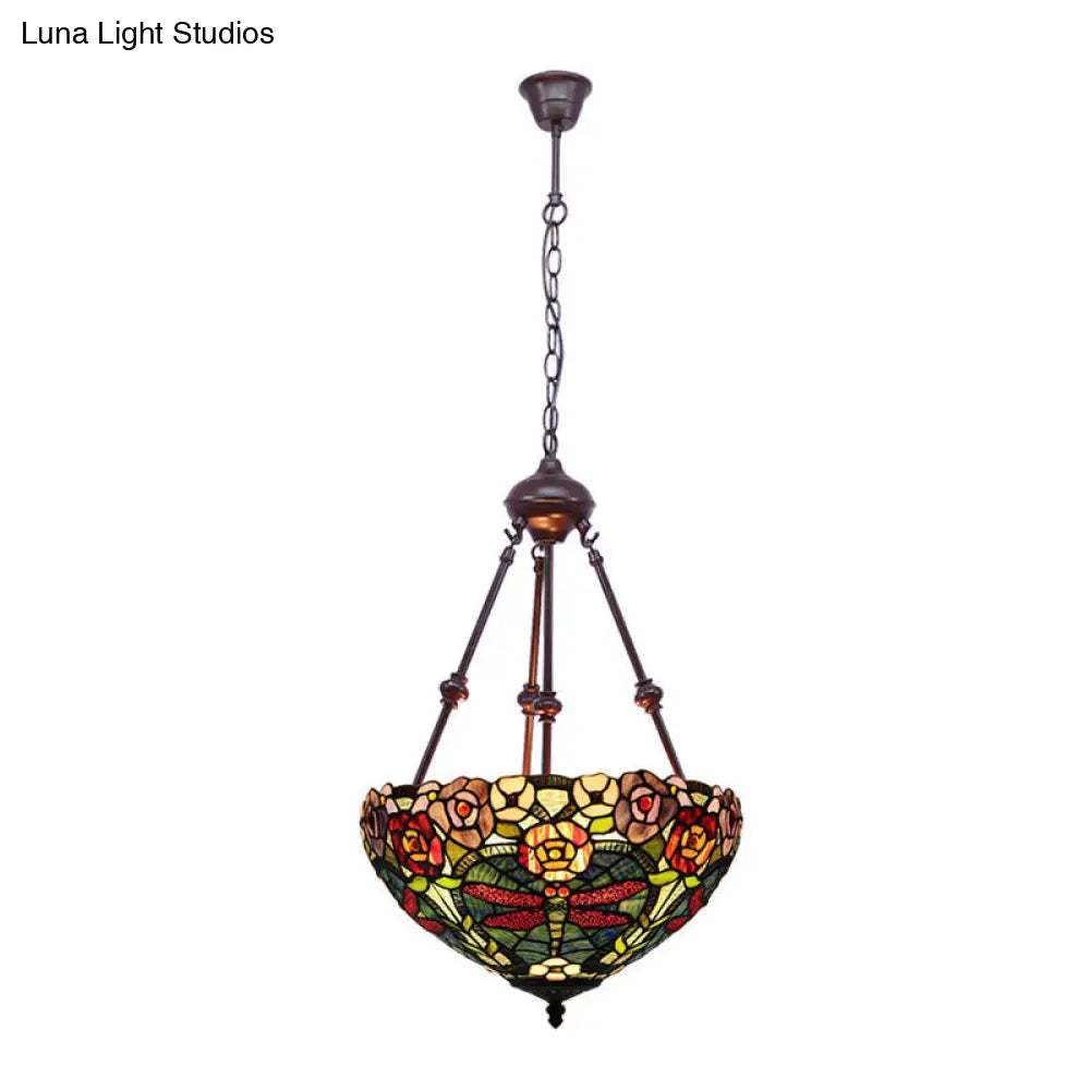 Stained Art Glass Chandelier Light - Petal Design 2 Lights Red/Orange/Green Bedroom Pendant