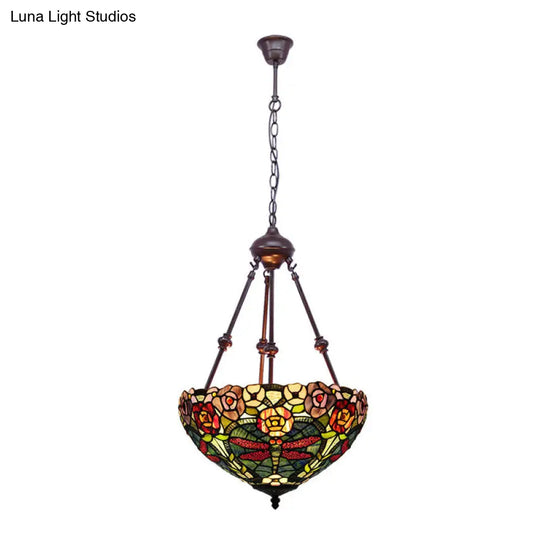 Stained Art Glass Chandelier Light - Petal Design 2 Lights Red/Orange/Green Bedroom Pendant