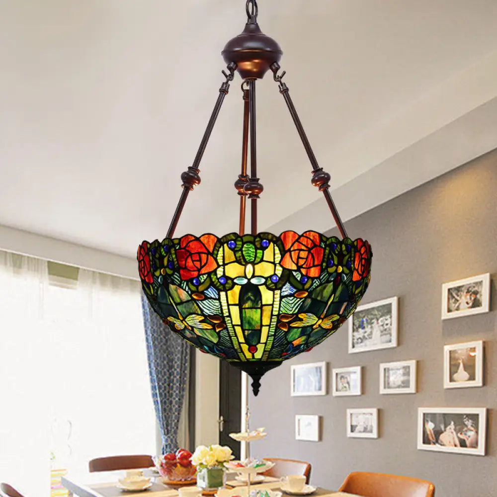 Stained Art Glass Chandelier Light - Petal Design 2 Lights Red/Orange/Green Bedroom Pendant