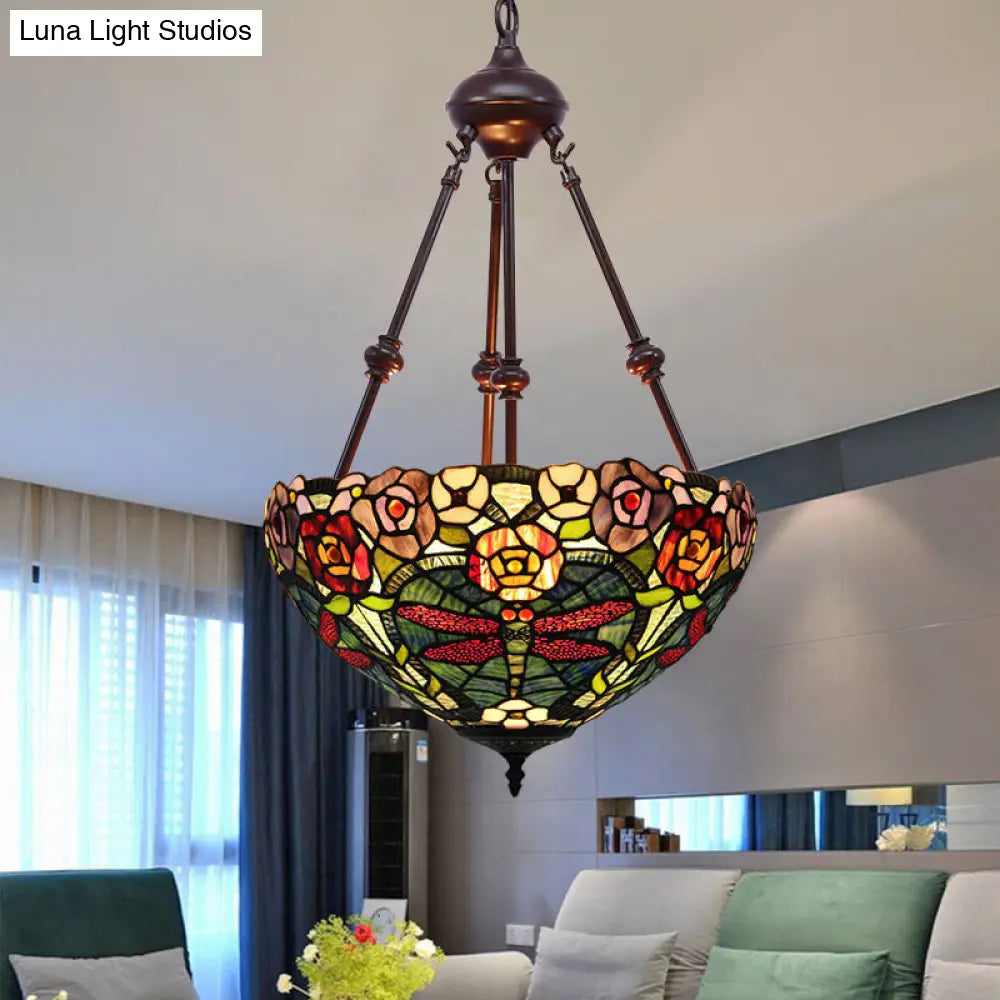 Stained Art Glass Chandelier - Petal Design Red/Orange/Green 2-Light Pendant Fixture Ideal For