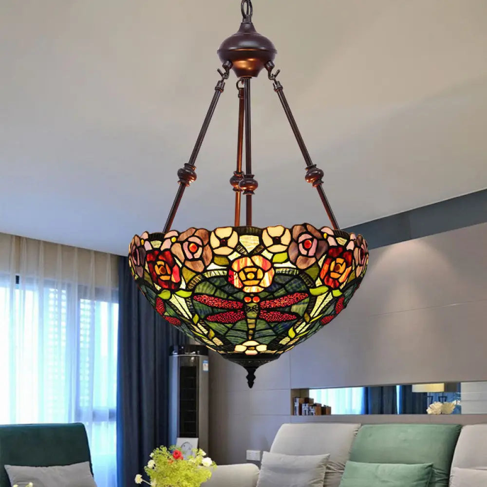 Stained Art Glass Chandelier Light - Petal Design 2 Lights Red/Orange/Green Bedroom Pendant