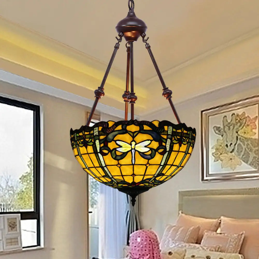 Stained Art Glass Chandelier Light - Petal Design 2 Lights Red/Orange/Green Bedroom Pendant