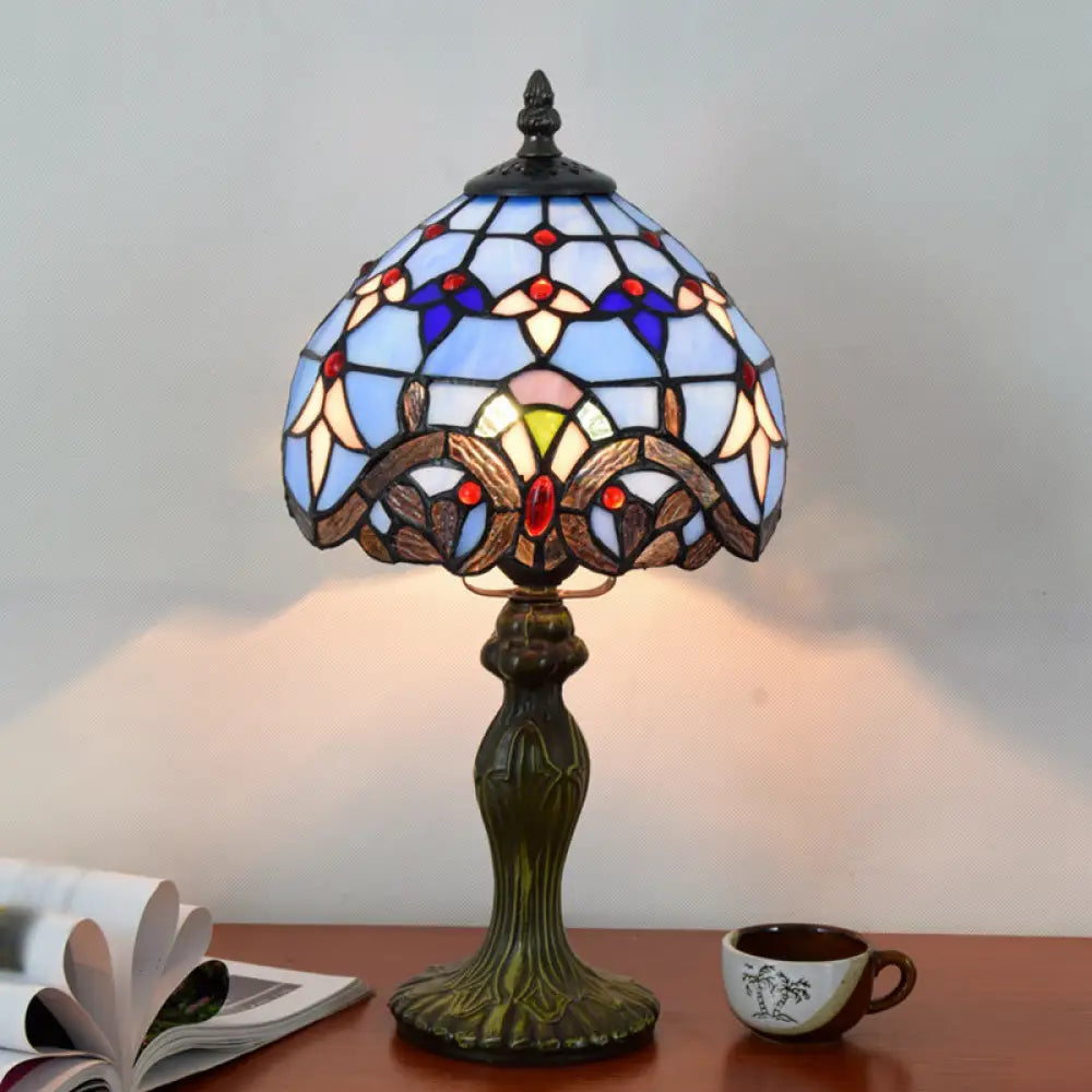 Stained Art Glass Dome Table Lamp - Unique Nightstand Lighting For Living Room Décor Lake Blue