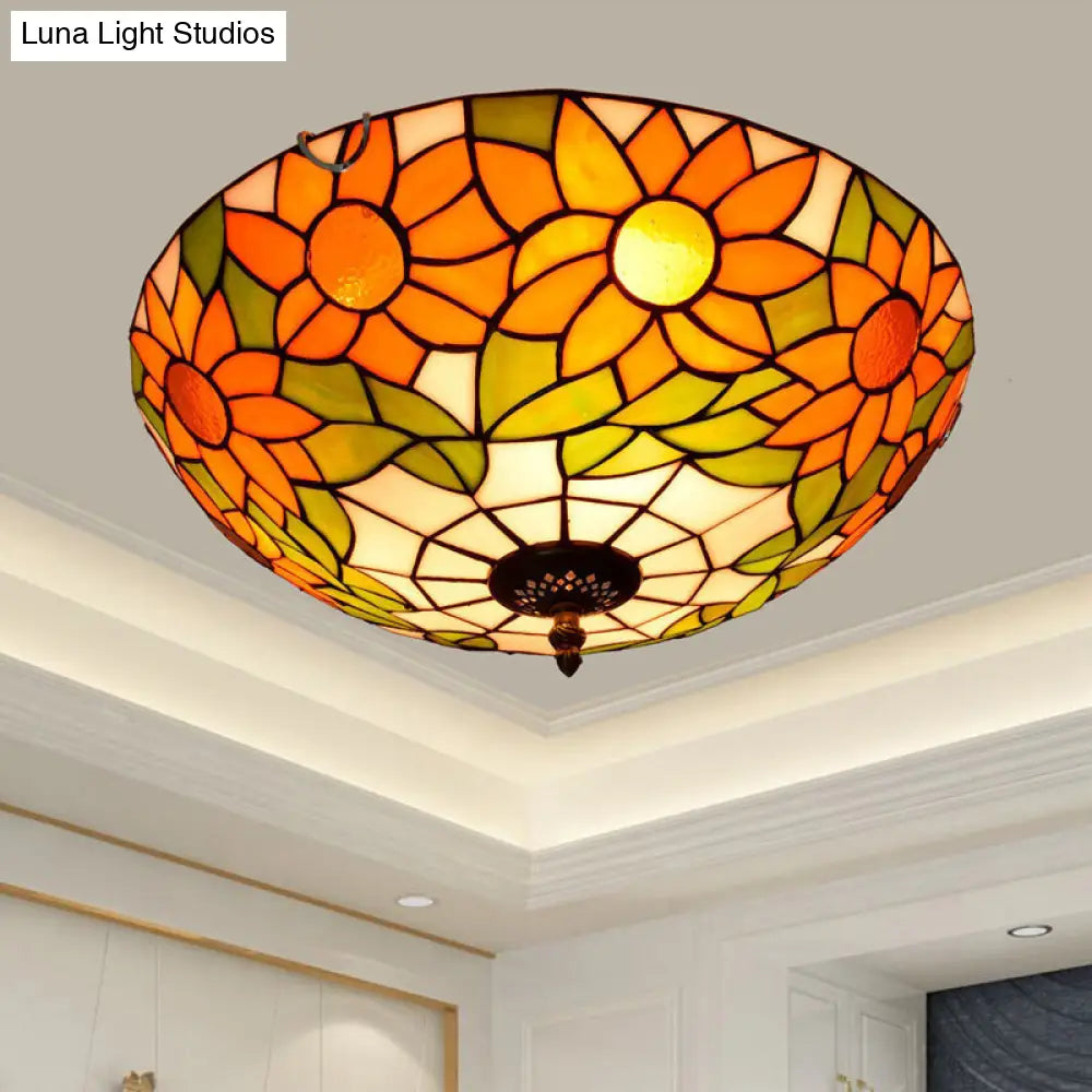 Stained Art Glass Flush Mount Ceiling Light With Traditional Bowl Shade Orange / 16