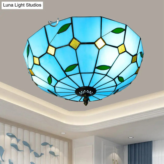 Stained Art Glass Flush Mount Ceiling Light With Traditional Bowl Shade Sky Blue / 16