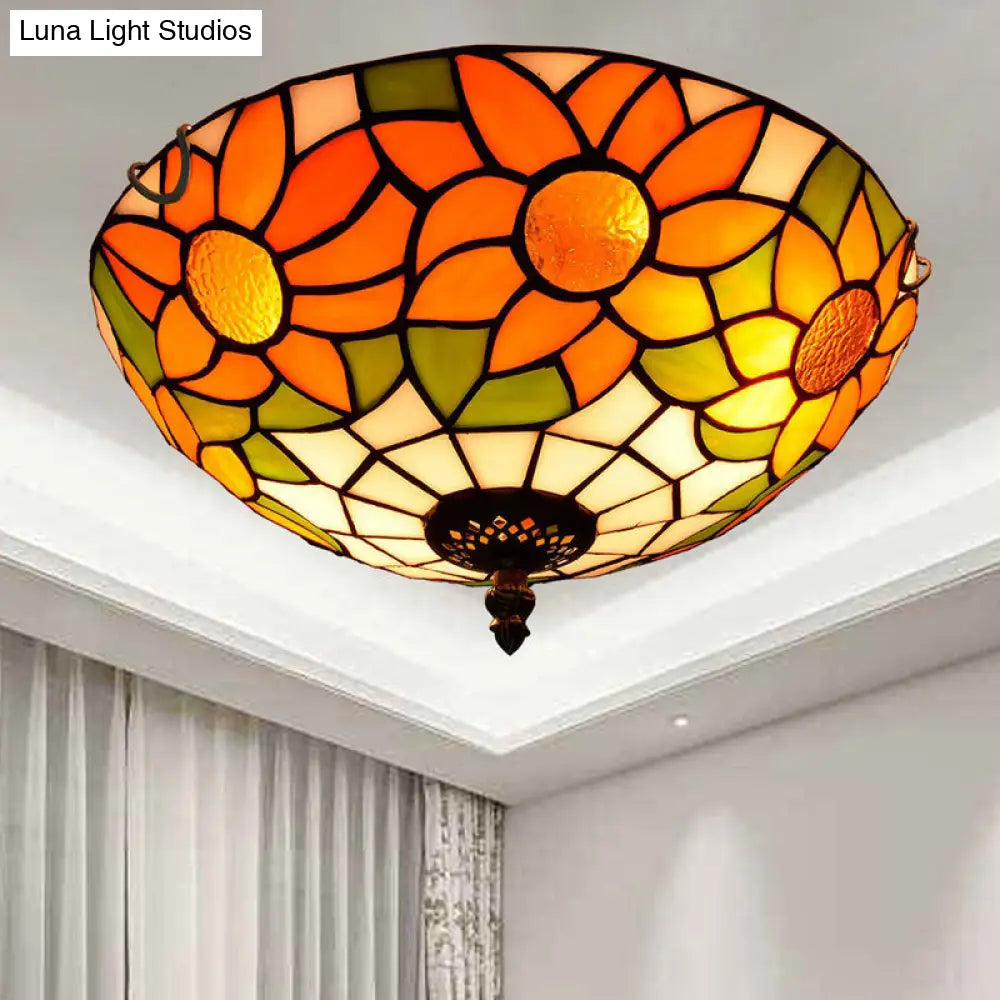 Stained Art Glass Flush Mount Ceiling Light With Traditional Bowl Shade Orange / 12