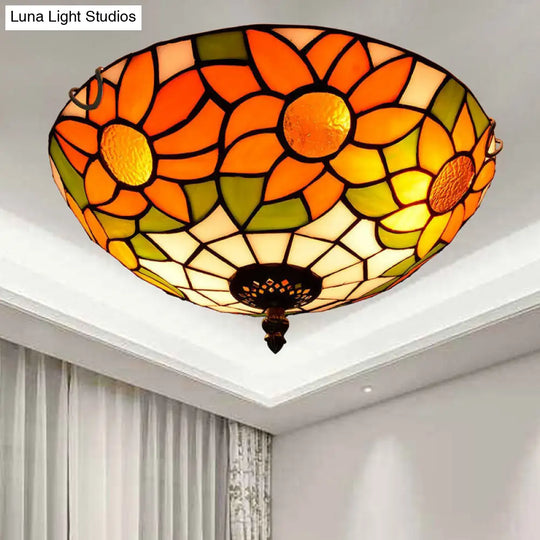 Stained Art Glass Flush Mount Ceiling Light With Traditional Bowl Shade Orange / 12