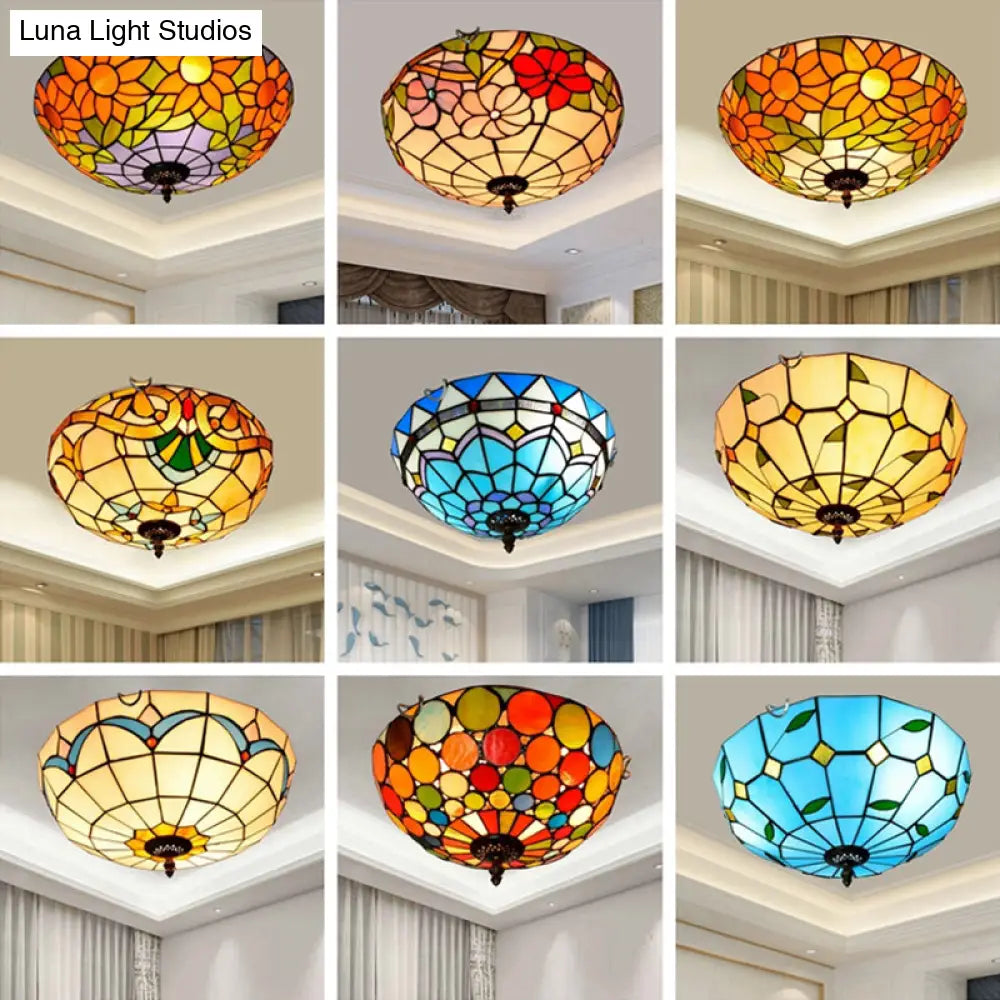 Stained Art Glass Flush Mount Ceiling Light With Traditional Bowl Shade