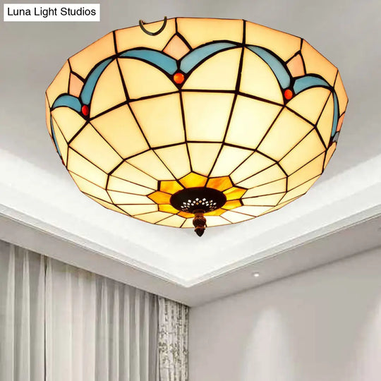 Stained Art Glass Flush Mount Ceiling Light With Traditional Bowl Shade White / 16