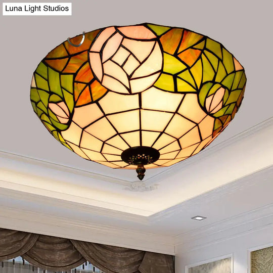 Stained Art Glass Flush Mount Ceiling Light With Traditional Bowl Shade Green / 16