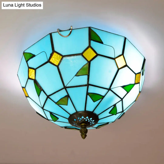 Stained Art Glass Flush Mount Ceiling Light With Traditional Bowl Shade Sky Blue / 12