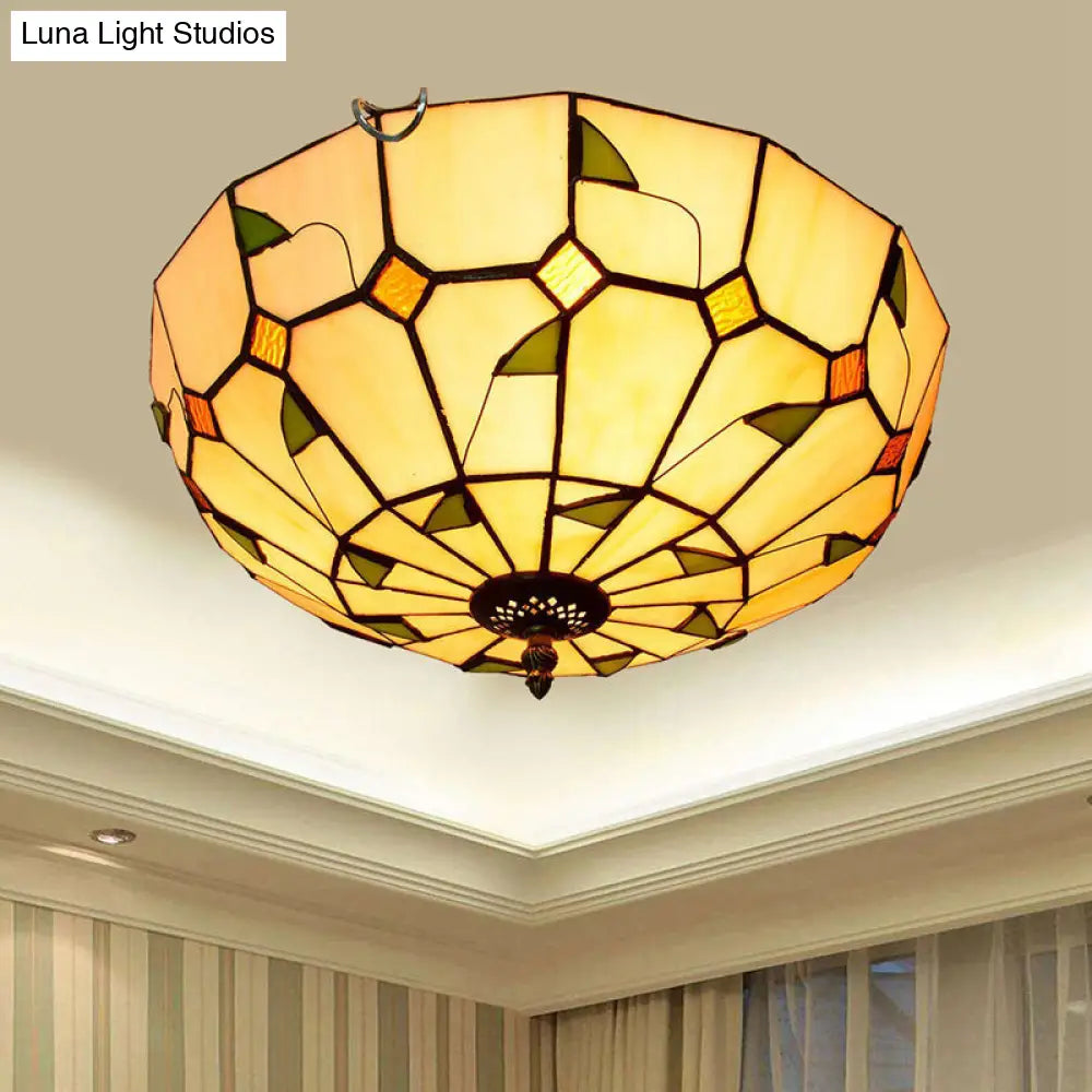 Stained Art Glass Flush Mount Ceiling Light With Traditional Bowl Shade Dark Beige / 16