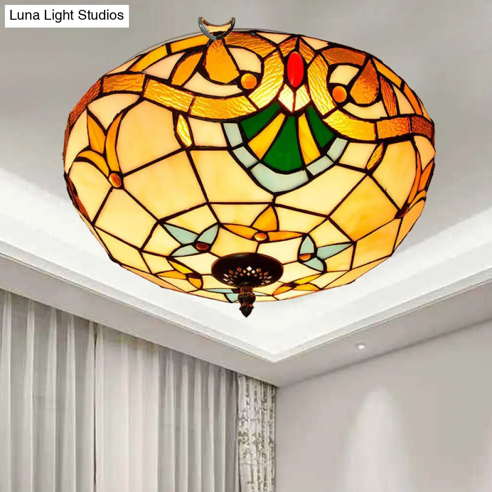 Stained Art Glass Flush Mount Ceiling Light With Traditional Bowl Shade Beige / 16