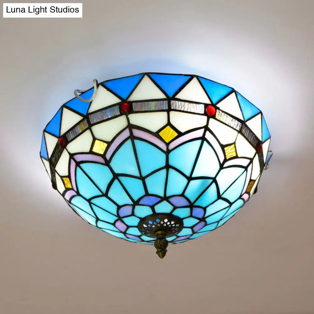 Stained Art Glass Flush Mount Ceiling Light With Traditional Bowl Shade Blue / 12