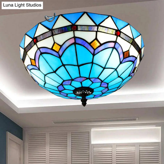 Stained Art Glass Flush Mount Ceiling Light With Traditional Bowl Shade Blue / 16