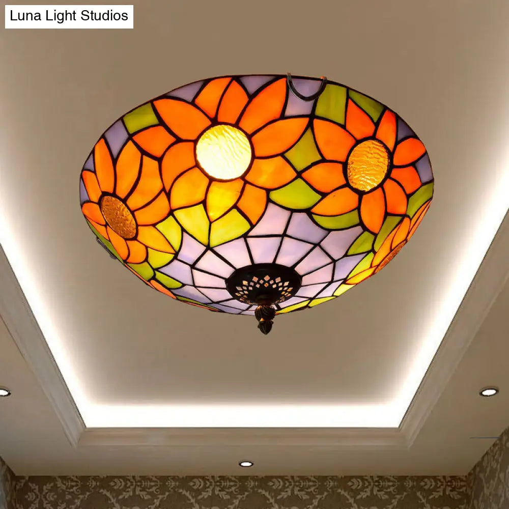 Stained Art Glass Flush Mount Ceiling Light With Traditional Bowl Shade Purple / 12