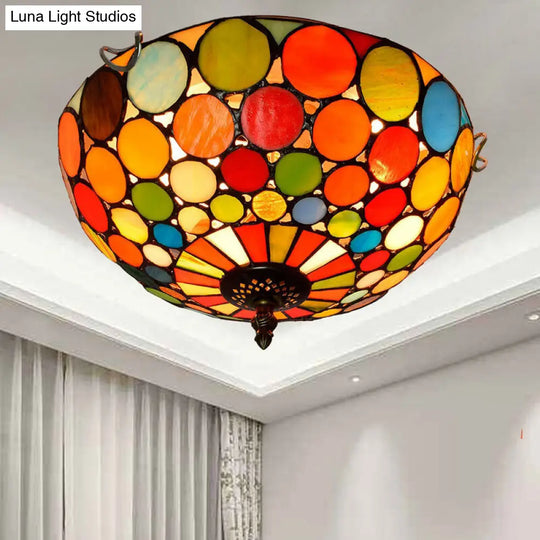 Stained Art Glass Flush Mount Ceiling Light With Traditional Bowl Shade Red / 12