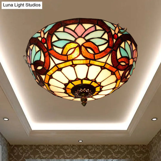 Stained Art Glass Flush Mount Ceiling Light With Traditional Bowl Shade Brown / 12